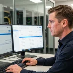 Technicien IT configurant des profils itinérants et des disques virtuels personnels sur un poste de travail à double écran dans une salle serveur moderne