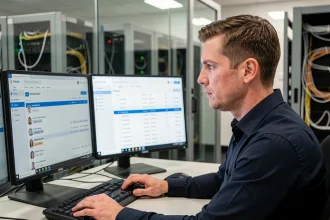 Technicien IT configurant des profils itinérants et des disques virtuels personnels sur un poste de travail à double écran dans une salle serveur moderne