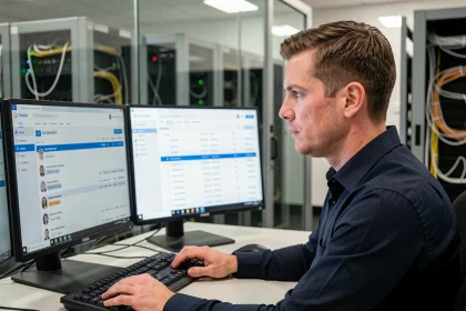 Technicien IT configurant des profils itinérants et des disques virtuels personnels sur un poste de travail à double écran dans une salle serveur moderne