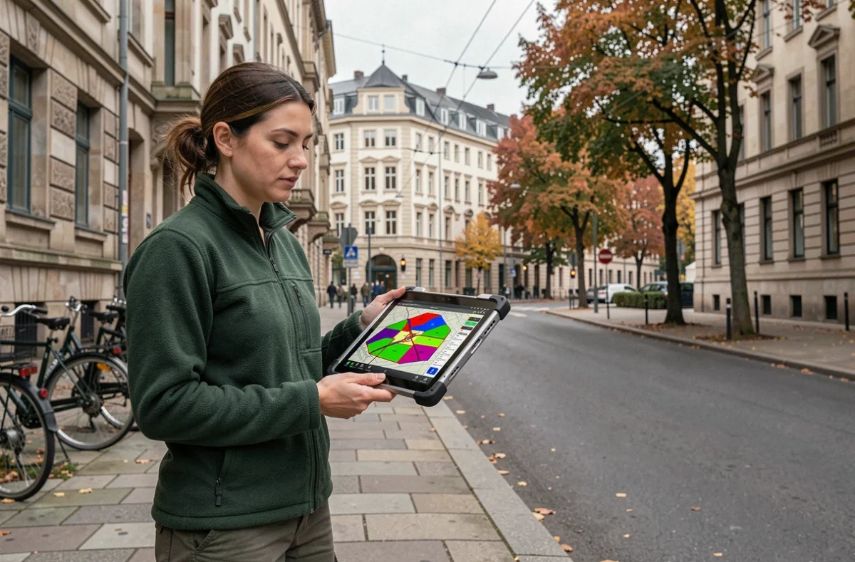 Technicienne SIG sur le terrain comparant une carte parcellaire numérique avec l'environnement urbain réel sur tablette durcie