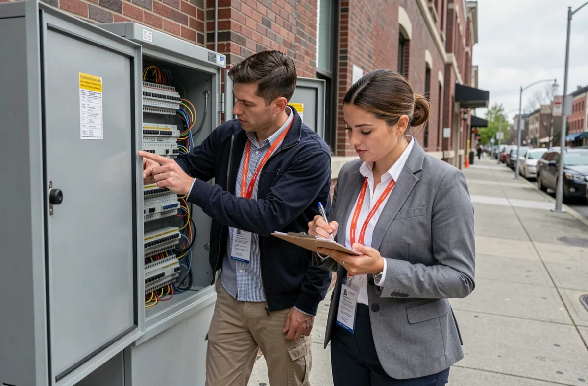 Techniciens télécoms inspectant un coffret de distribution réseau en milieu urbain pour comparer les technologies de distribution