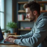 Jeune homme téléchargeant une vidéo YouTube sur son ordinateur portable depuis une interface web en 2026