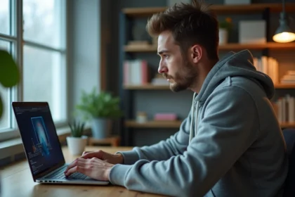Jeune homme téléchargeant une vidéo YouTube sur son ordinateur portable depuis une interface web en 2026