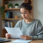 Femme vérifiant son éligibilité internet SFR sur un ordinateur portable à son bureau à domicile