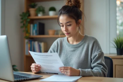 Femme vérifiant son éligibilité internet SFR sur un ordinateur portable à son bureau à domicile