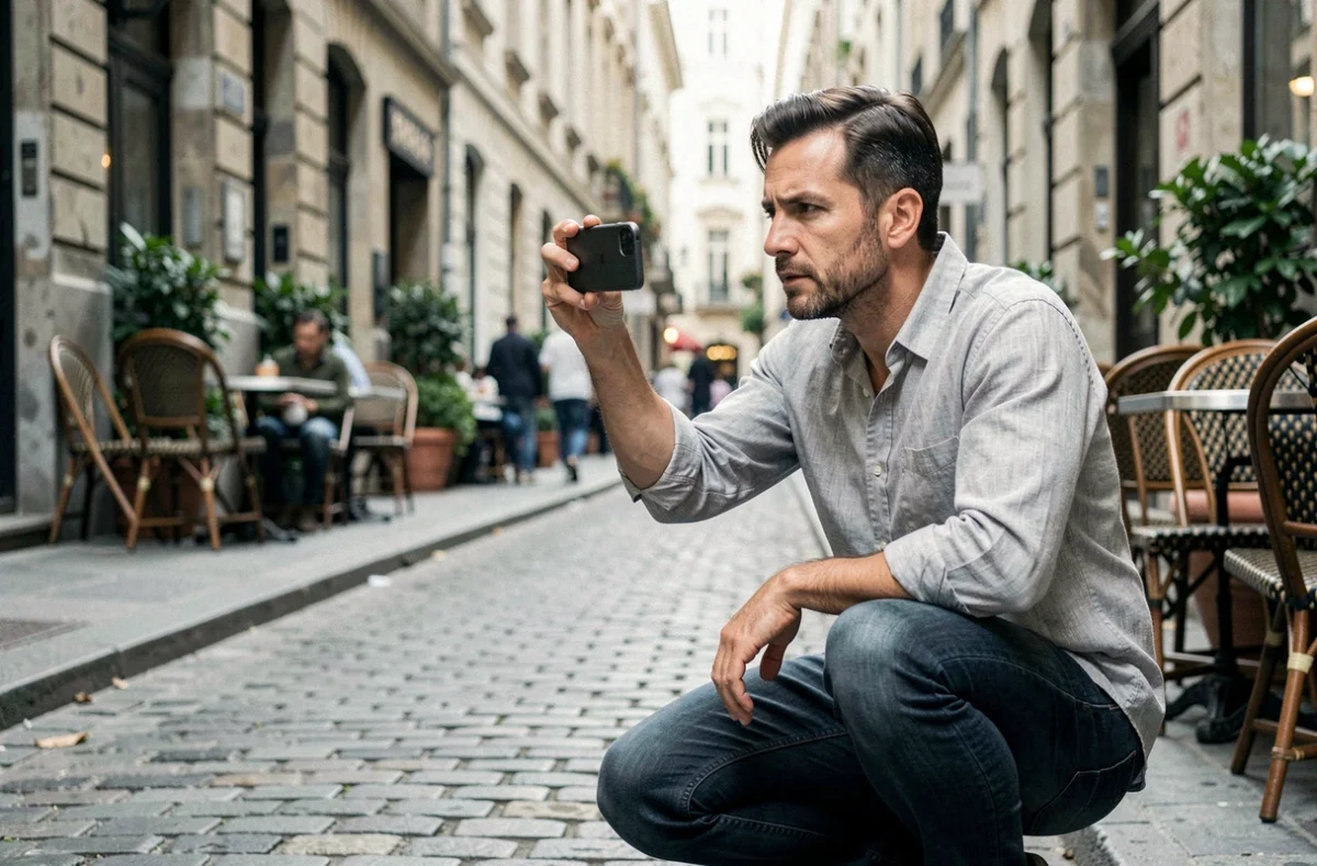 Homme testant la qualité photo d'un téléphone Google Pixel dans une rue pavée européenne