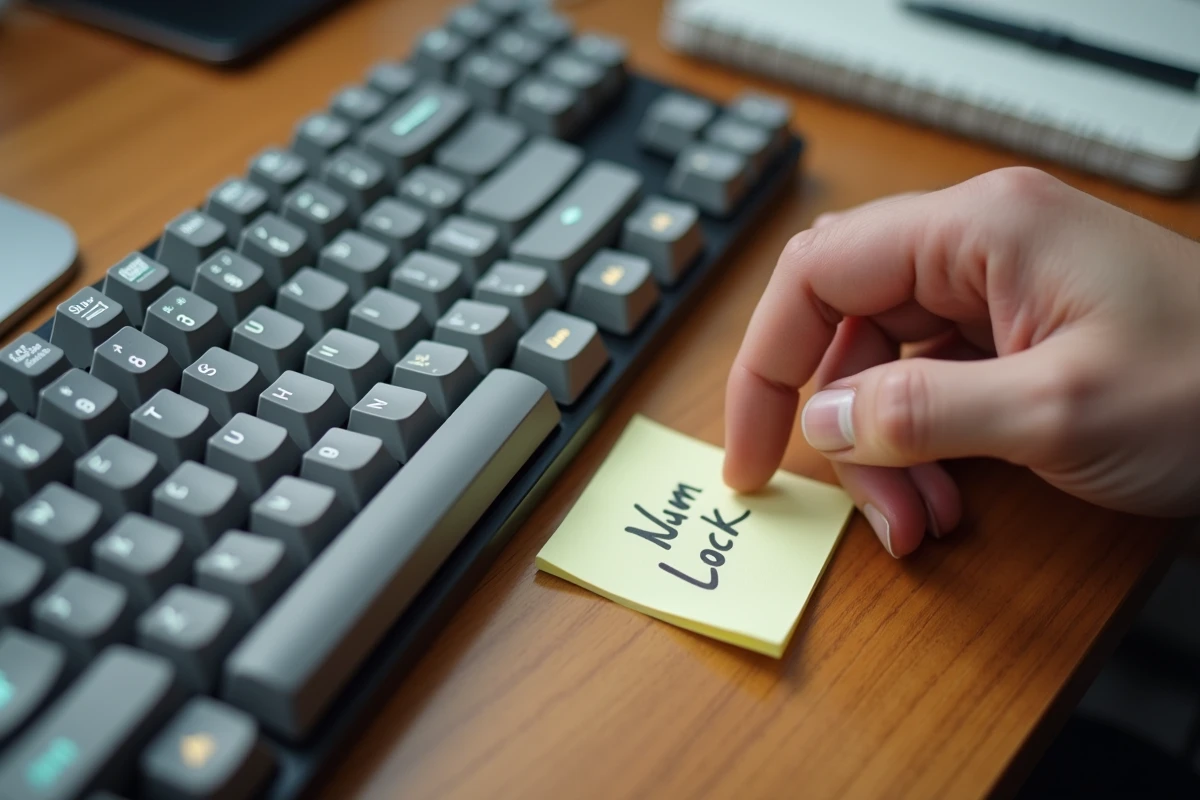 Main appuyant sur la touche Num Lock d'un clavier mécanique pour corriger l'affichage de chiffres à la place des lettres