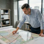 Urbaniste masculin étudiant des cartes cadastrales et des plans de réseaux urbains dans un bureau de planification municipale moderne