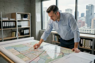 Urbaniste masculin étudiant des cartes cadastrales et des plans de réseaux urbains dans un bureau de planification municipale moderne