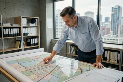 Urbaniste masculin étudiant des cartes cadastrales et des plans de réseaux urbains dans un bureau de planification municipale moderne