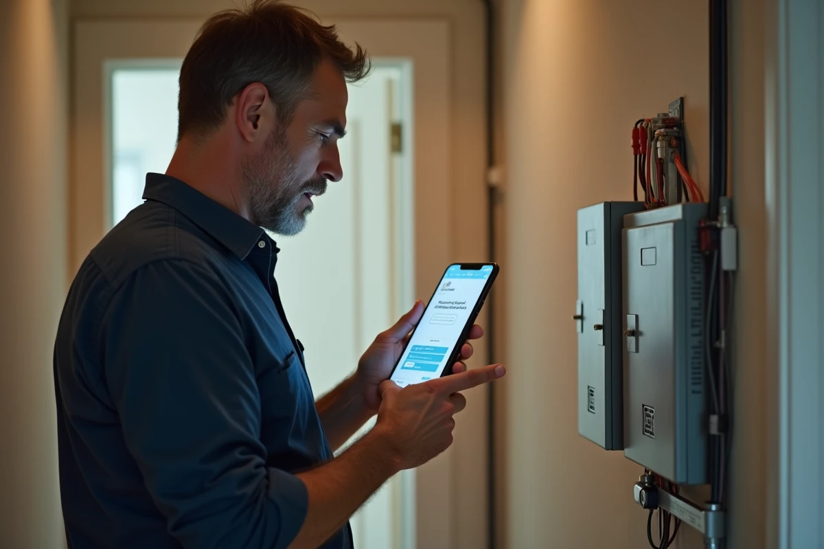 Homme vérifiant l'éligibilité SFR fibre optique sur smartphone près du tableau électrique