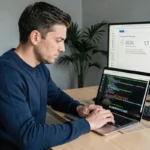 Homme vérifiant l'intégrité d'un fichier ISO Windows 7 avec des commandes de hachage dans un terminal sur son ordinateur portable