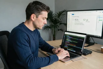 Homme vérifiant l'intégrité d'un fichier ISO Windows 7 avec des commandes de hachage dans un terminal sur son ordinateur portable