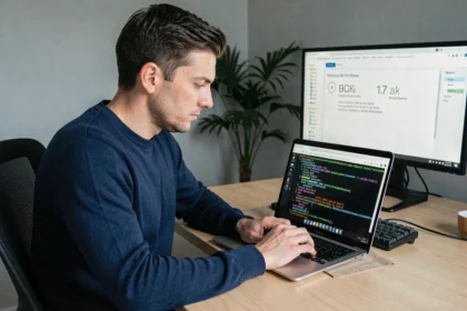 Homme vérifiant l'intégrité d'un fichier ISO Windows 7 avec des commandes de hachage dans un terminal sur son ordinateur portable
