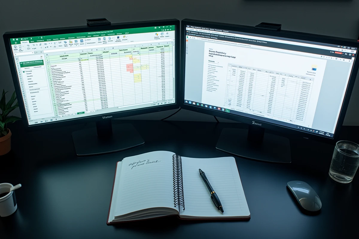 Vue aérienne d'un bureau avec deux écrans montrant la suppression de doublons dans Excel et un carnet de notes